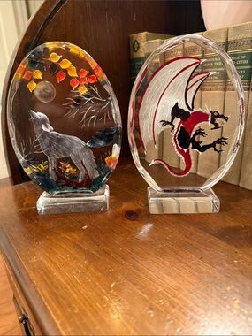 Hand-Painted Acrylic Dragon and Wolf Art Pair Shelf Decor Fantasy